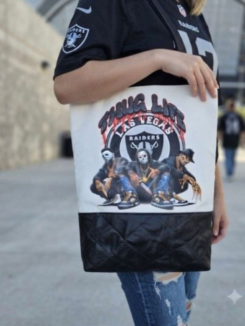black and white football horror mashup tote / book bag